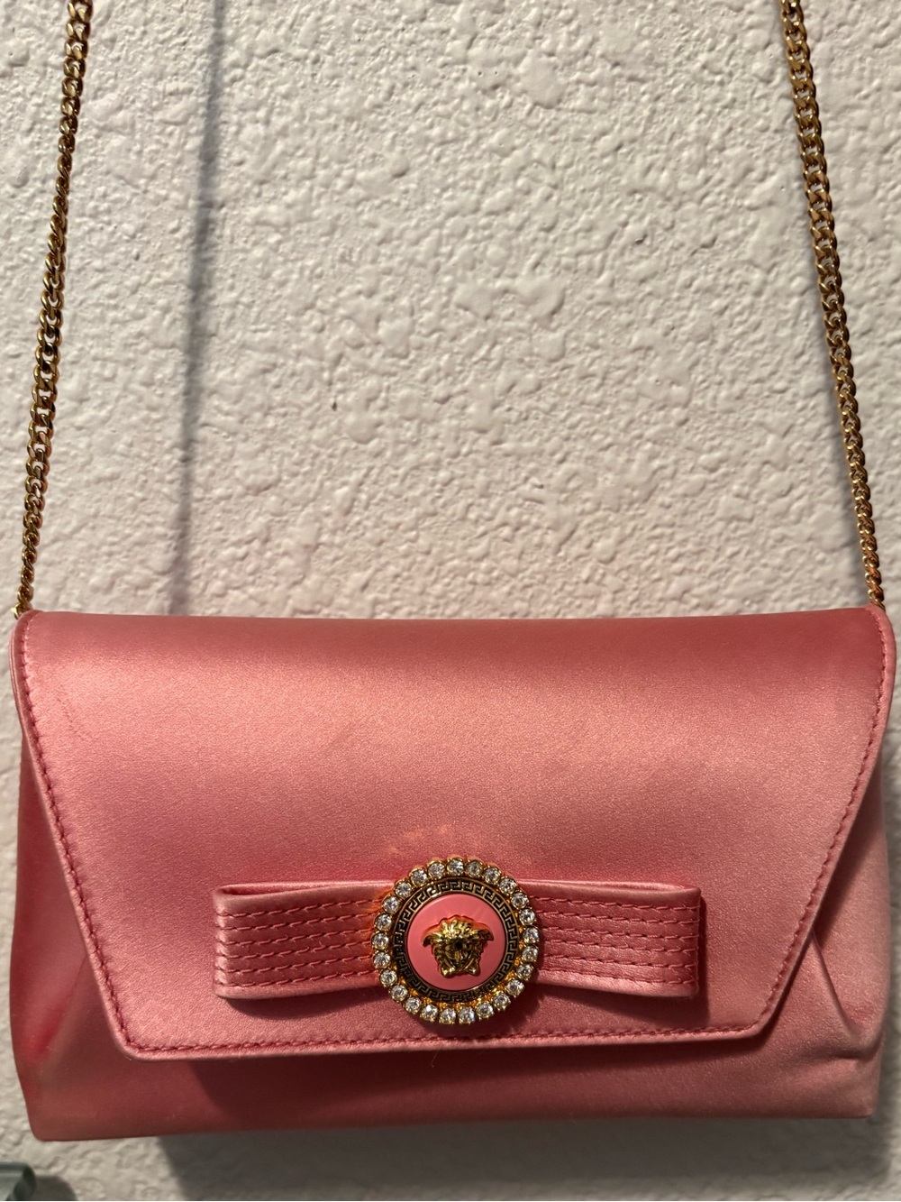 Versace Crystal Gianni Ribbon Clutch Pink Satin Authentic w Verification QR Code